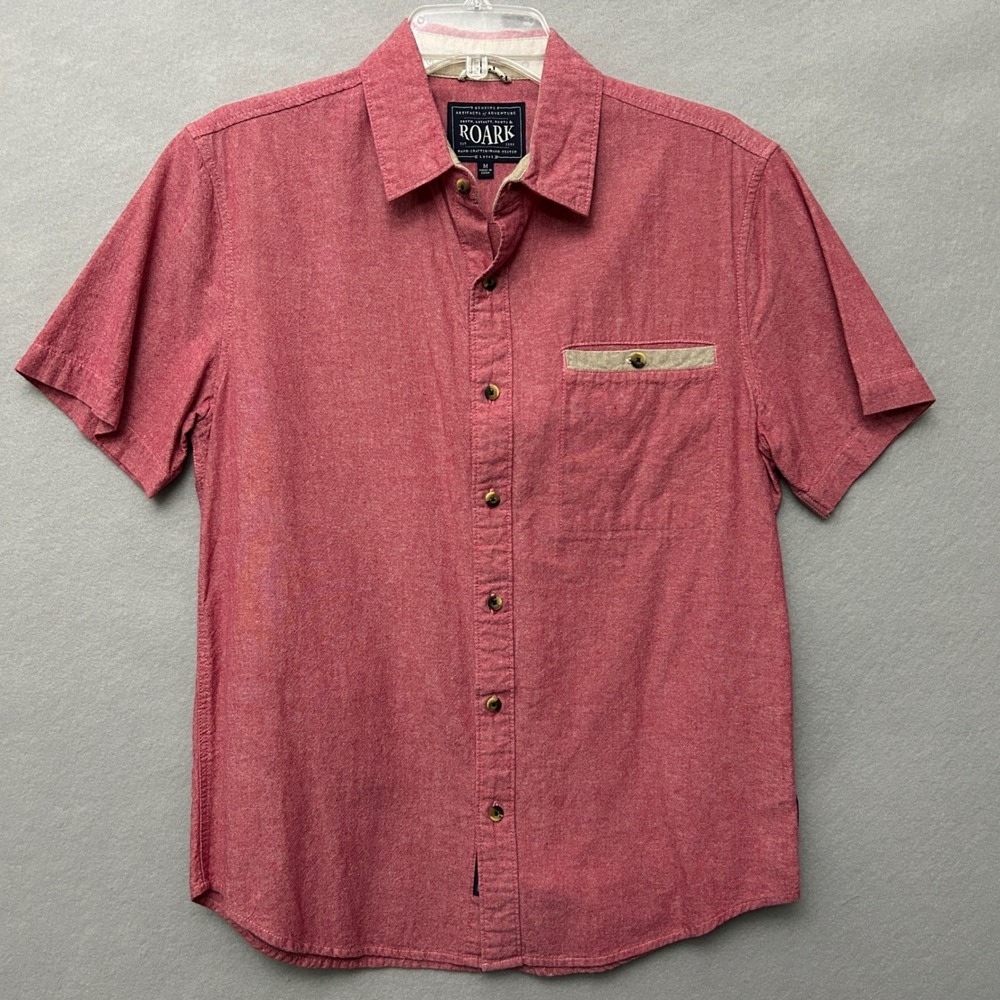 Roark Revival Men's M Short Sleeve Button Down Shirt Red Chambray Adventure Tech